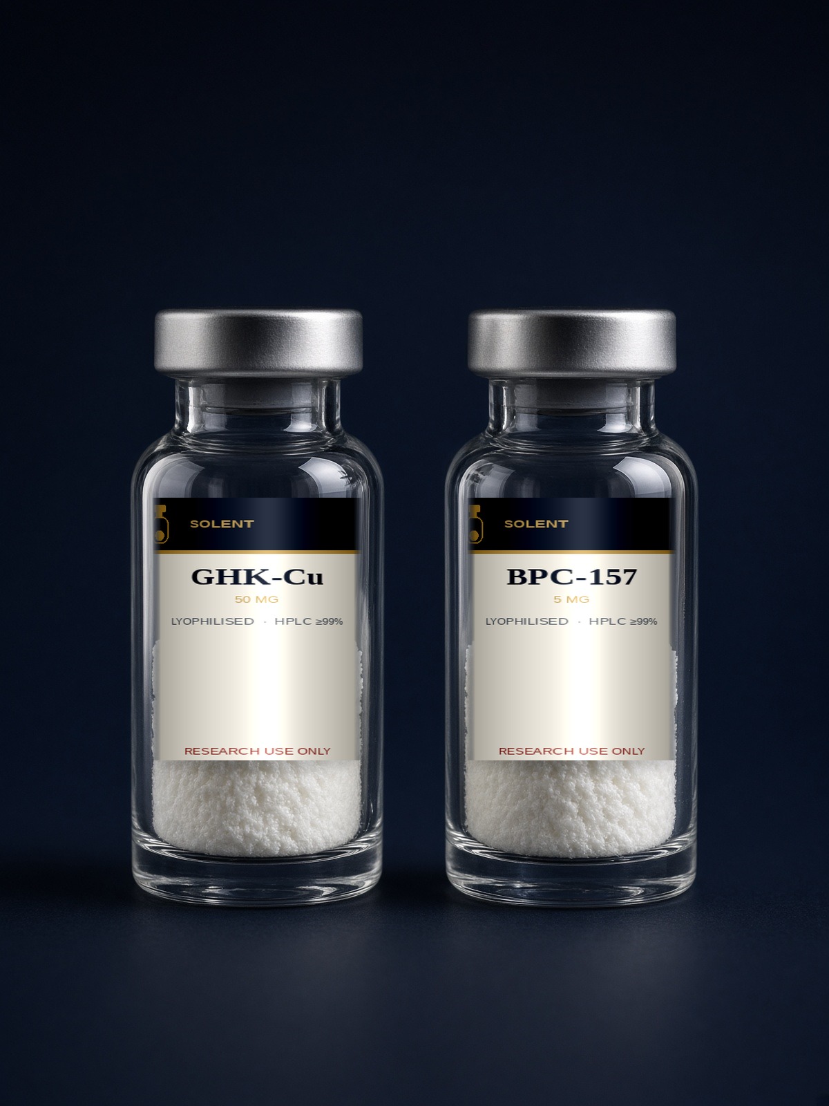 GLOW Stack 60 mg lyophilised research peptide vial, HPLC ≥99%, Solent Peptides Southampton
