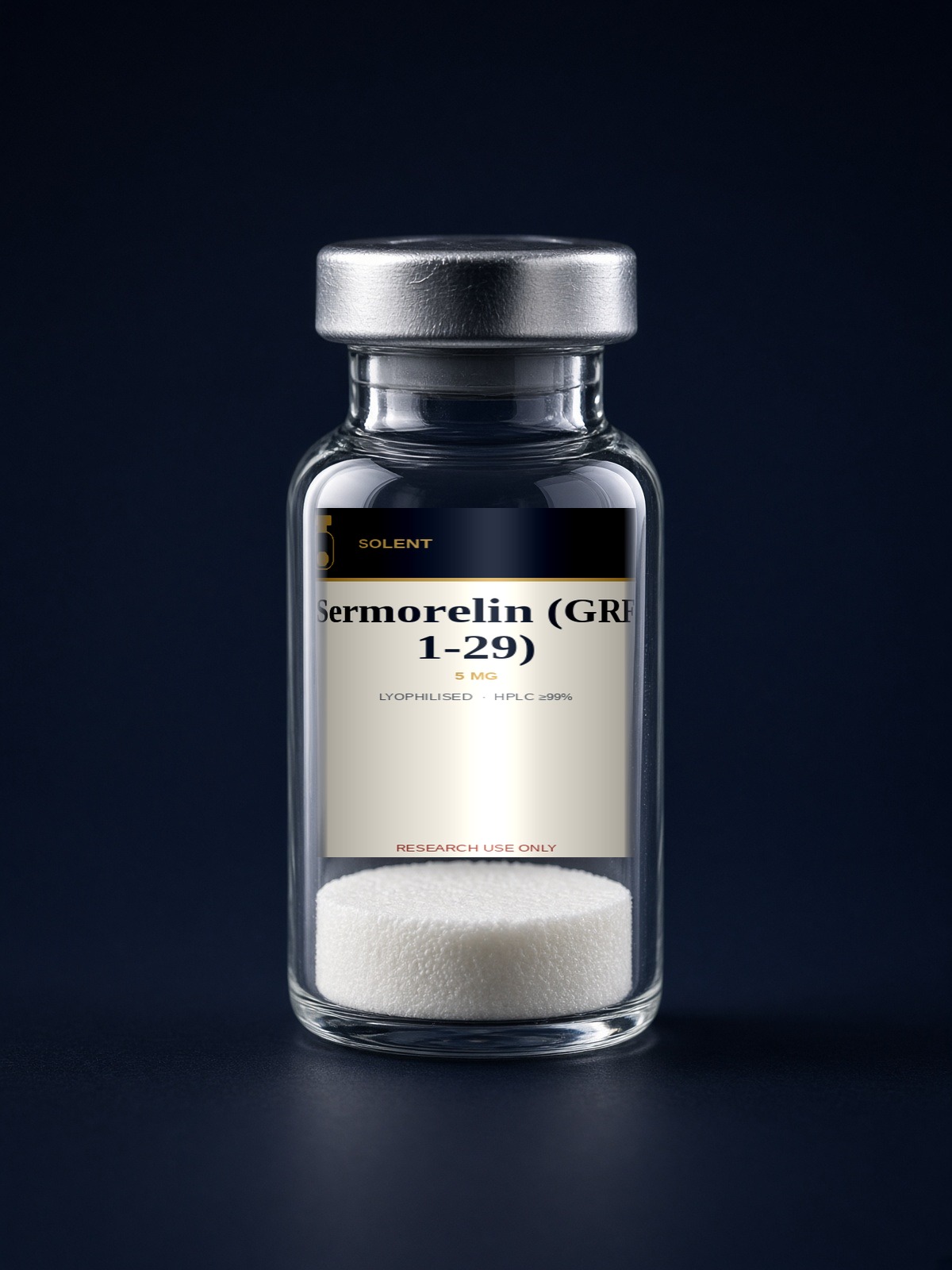 Sermorelin (GRF 1-29) 5 mg lyophilised research peptide vial, HPLC ≥99%, Solent Peptides Southampton